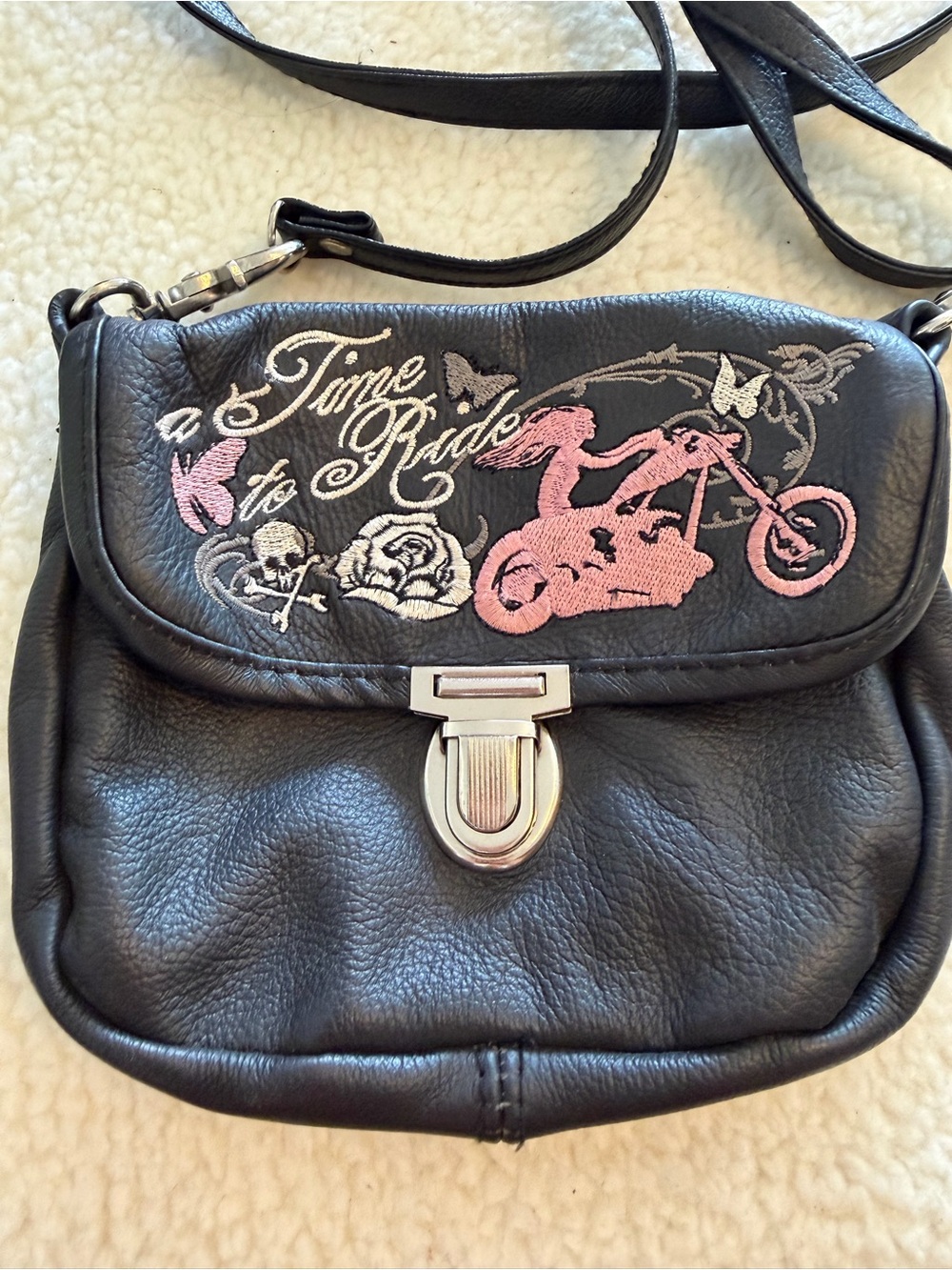 Hot Leathers Time to Ride Leather Motorcycle Crossbody Purse Pink Biker